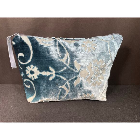 Aqua Blue Velour Floral Handmade Bag, One of a Kind Pouch, Lined Satchel, Travel - Picture 1 of 6